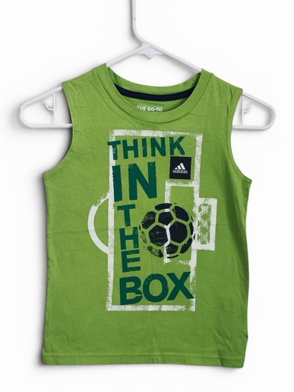 Adidas Boys Go-To Tee Tank Top Green Soccer "Think In The Box" Graphic Size 6